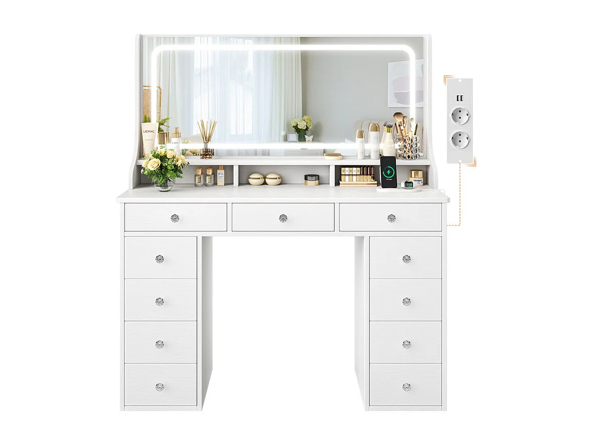 Coiffeuse avec grand miroir et éclairage LED, prise de Courant + USB, luminosité réglable, 11 Tiroirs, Blanc, 110x40x135cm