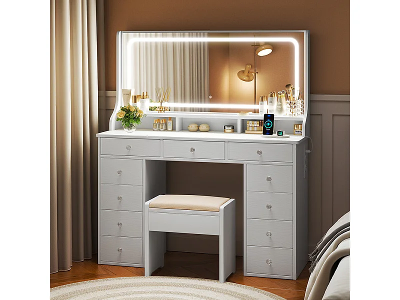 Coiffeuse avec grand miroir et éclairage LED, prise de Courant + USB, luminosité réglable, 11 Tiroirs, Blanc, 110x40x135cm