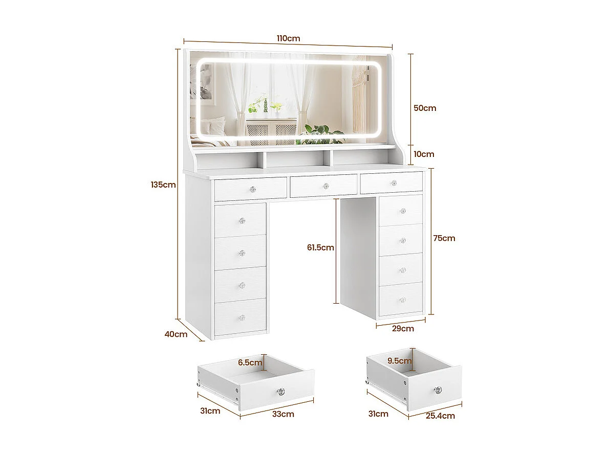 Coiffeuse avec grand miroir et éclairage LED, prise de Courant + USB, luminosité réglable, 11 Tiroirs, Blanc, 110x40x135cm