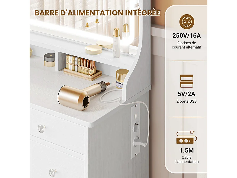 Coiffeuse avec grand miroir et éclairage LED, prise de Courant + USB, luminosité réglable, 11 Tiroirs, Blanc, 110x40x135cm