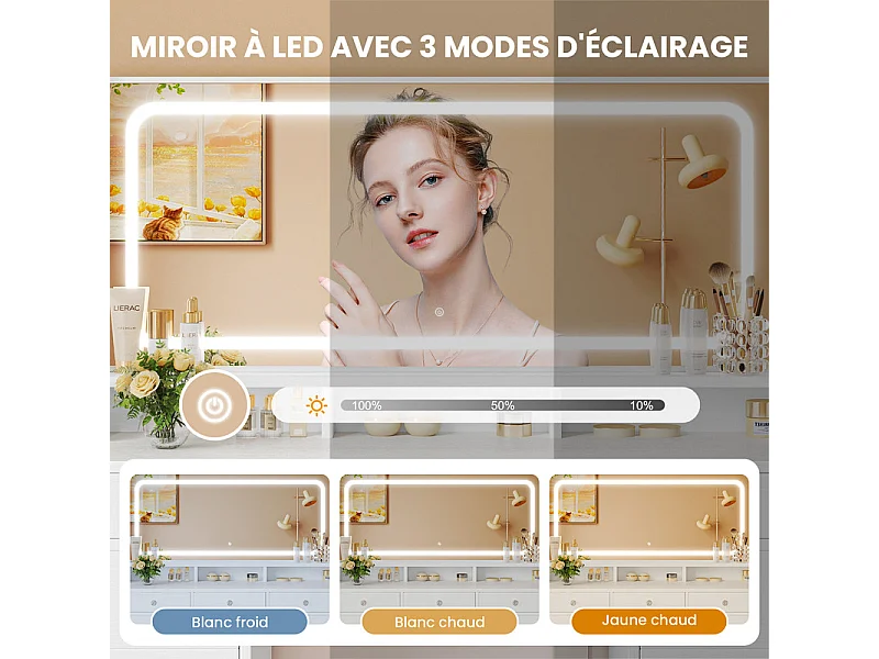 Coiffeuse avec grand miroir et éclairage LED, prise de Courant + USB, luminosité réglable, 11 Tiroirs, Blanc, 110x40x135cm