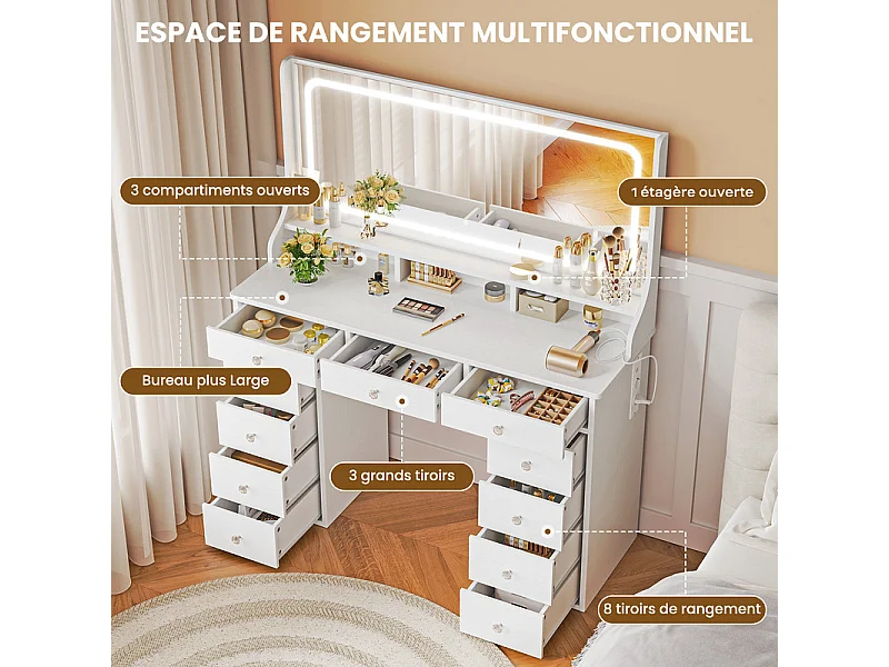 Coiffeuse avec grand miroir et éclairage LED, prise de Courant + USB, luminosité réglable, 11 Tiroirs, Blanc, 110x40x135cm