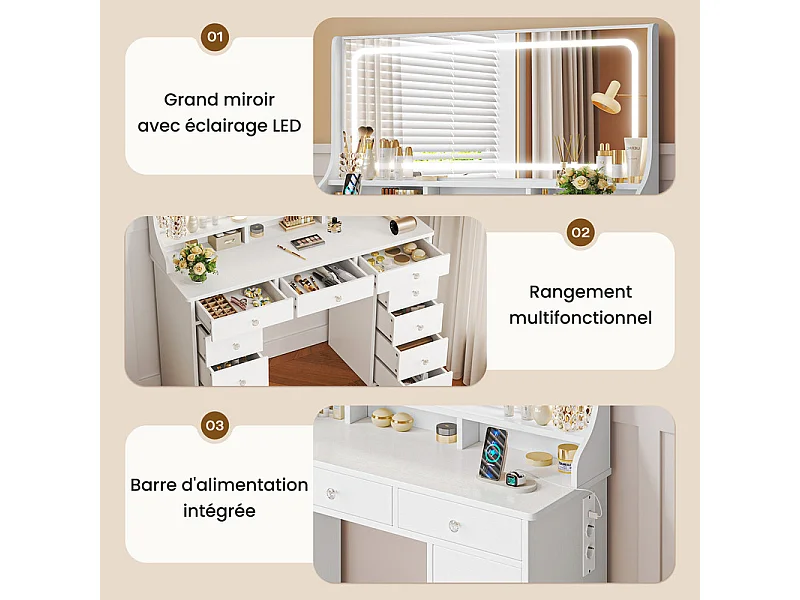 Coiffeuse avec grand miroir et éclairage LED, prise de Courant + USB, luminosité réglable, 11 Tiroirs, Blanc, 110x40x135cm