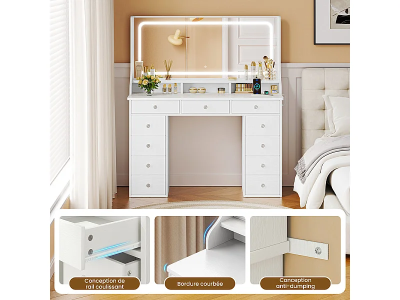 Coiffeuse avec grand miroir et éclairage LED, prise de Courant + USB, luminosité réglable, 11 Tiroirs, Blanc, 110x40x135cm