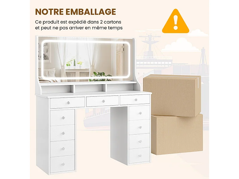Coiffeuse avec grand miroir et éclairage LED, prise de Courant + USB, luminosité réglable, 11 Tiroirs, Blanc, 110x40x135cm