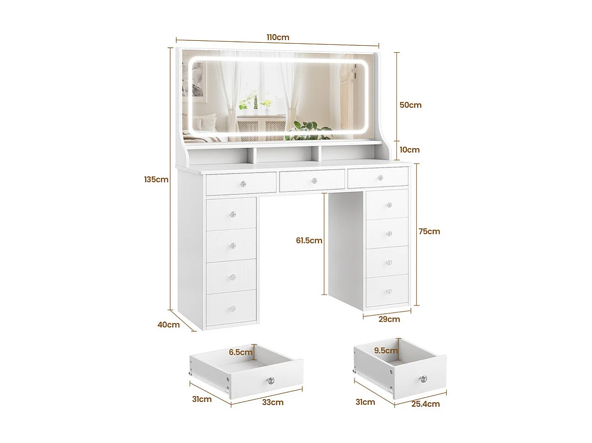 Coiffeuse avec grand miroir et éclairage LED, prise de Courant + USB, luminosité réglable, 11 Tiroirs, Blanc, 110x40x135cm