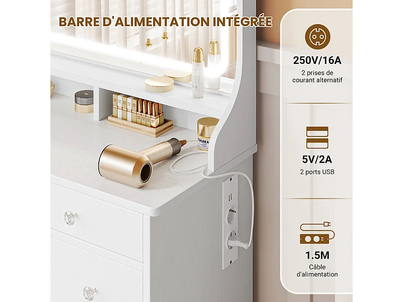 Coiffeuse avec grand miroir et éclairage LED, prise de Courant + USB, luminosité réglable, 11 Tiroirs, Blanc, 110x40x135cm
