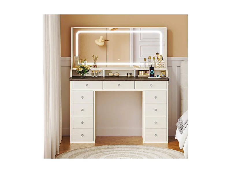 Coiffeuse avec grand miroir et éclairage LED, prise de Courant + USB, luminosité réglable, 11 Tiroirs, Marron Chocolat, 110x40x135cm