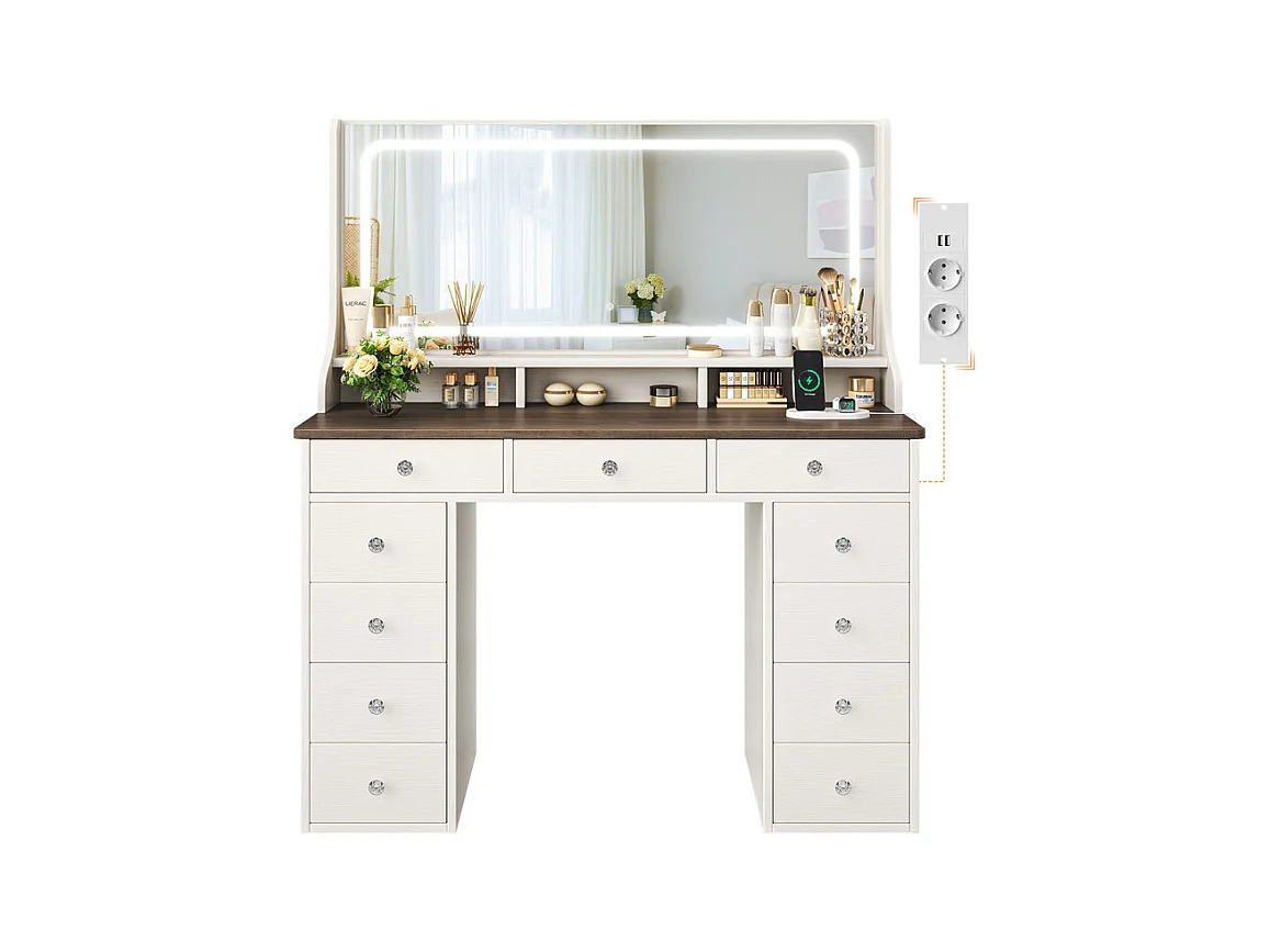Coiffeuse avec grand miroir et éclairage LED, prise de Courant + USB, luminosité réglable, 11 Tiroirs, Marron Chocolat, 110x40x135cm