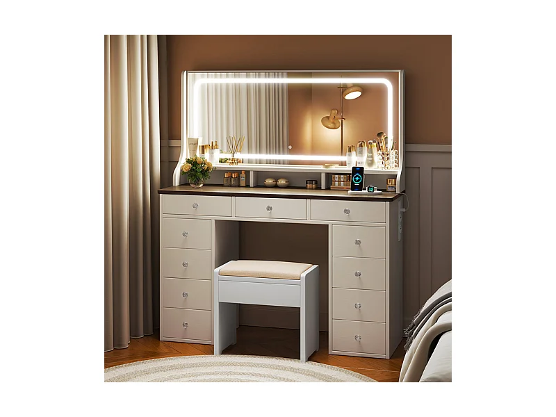 Coiffeuse avec grand miroir et éclairage LED, prise de Courant + USB, luminosité réglable, 11 Tiroirs, Marron Chocolat, 110x40x135cm
