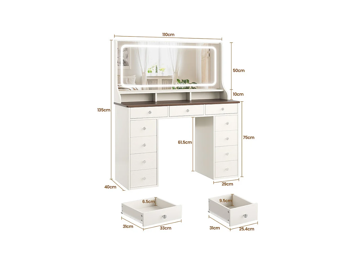 Coiffeuse avec grand miroir et éclairage LED, prise de Courant + USB, luminosité réglable, 11 Tiroirs, Marron Chocolat, 110x40x135cm