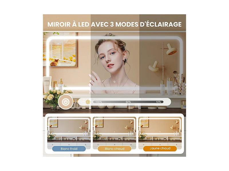 Coiffeuse avec grand miroir et éclairage LED, prise de Courant + USB, luminosité réglable, 11 Tiroirs, Marron Chocolat, 110x40x135cm