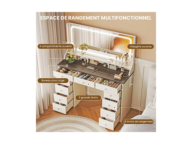 Coiffeuse avec grand miroir et éclairage LED, prise de Courant + USB, luminosité réglable, 11 Tiroirs, Marron Chocolat, 110x40x135cm