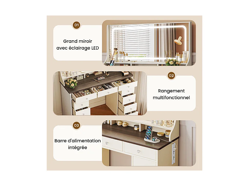 Coiffeuse avec grand miroir et éclairage LED, prise de Courant + USB, luminosité réglable, 11 Tiroirs, Marron Chocolat, 110x40x135cm