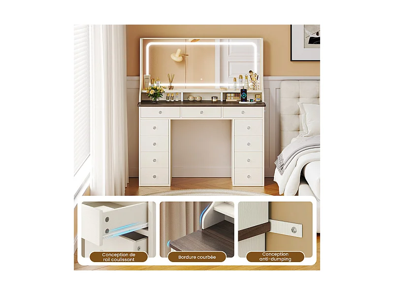 Coiffeuse avec grand miroir et éclairage LED, prise de Courant + USB, luminosité réglable, 11 Tiroirs, Marron Chocolat, 110x40x135cm