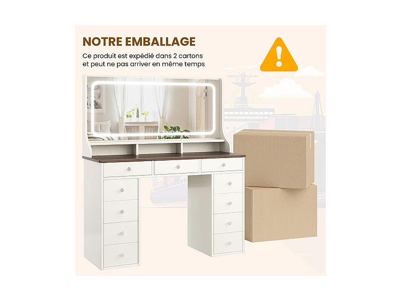 Coiffeuse avec grand miroir et éclairage LED, prise de Courant + USB, luminosité réglable, 11 Tiroirs, Marron Chocolat, 110x40x135cm