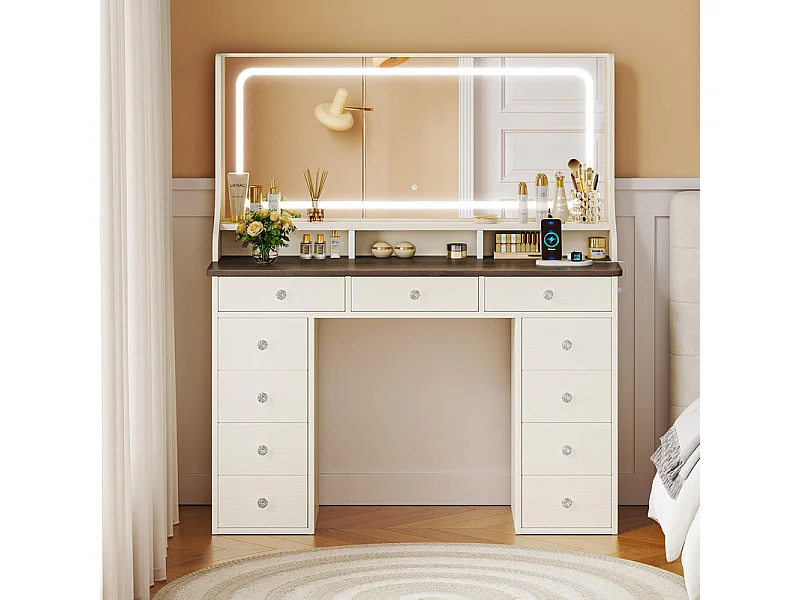 Coiffeuse avec grand miroir et éclairage LED, prise de Courant + USB, luminosité réglable, 11 Tiroirs, Marron Chocolat, 110x40x135cm