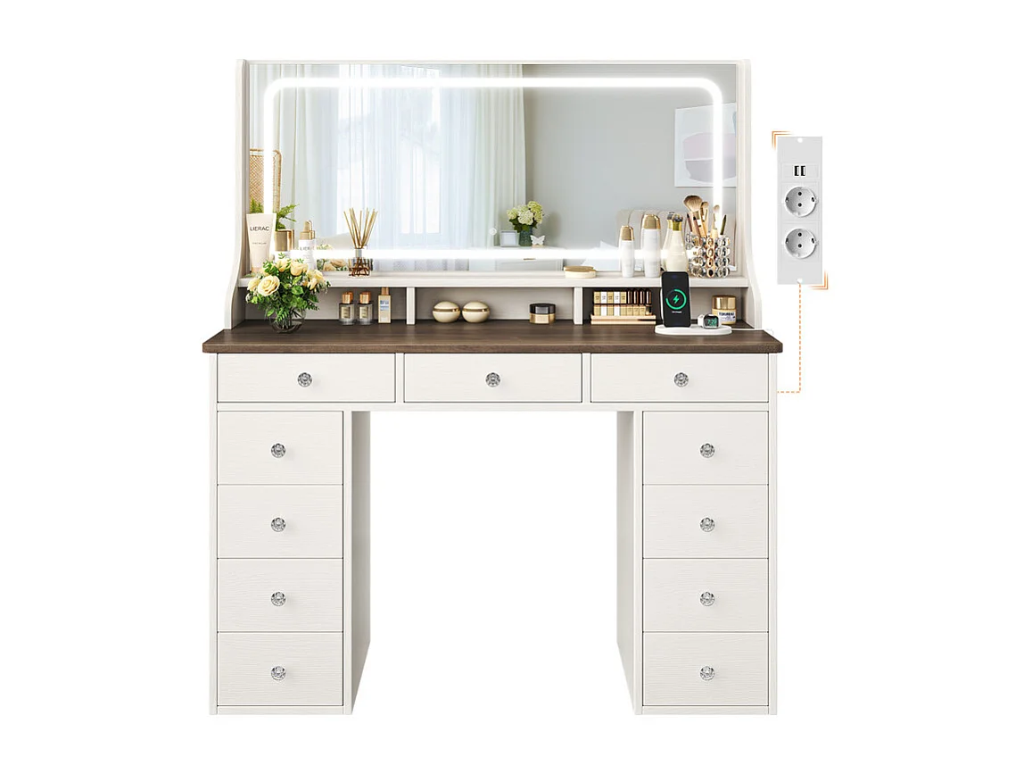 Coiffeuse avec grand miroir et éclairage LED, prise de Courant + USB, luminosité réglable, 11 Tiroirs, Marron Chocolat, 110x40x135cm