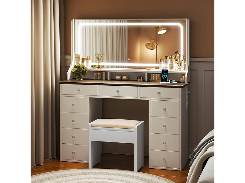 Coiffeuse avec grand miroir et éclairage LED, prise de Courant + USB, luminosité réglable, 11 Tiroirs, Marron Chocolat, 110x40x135cm