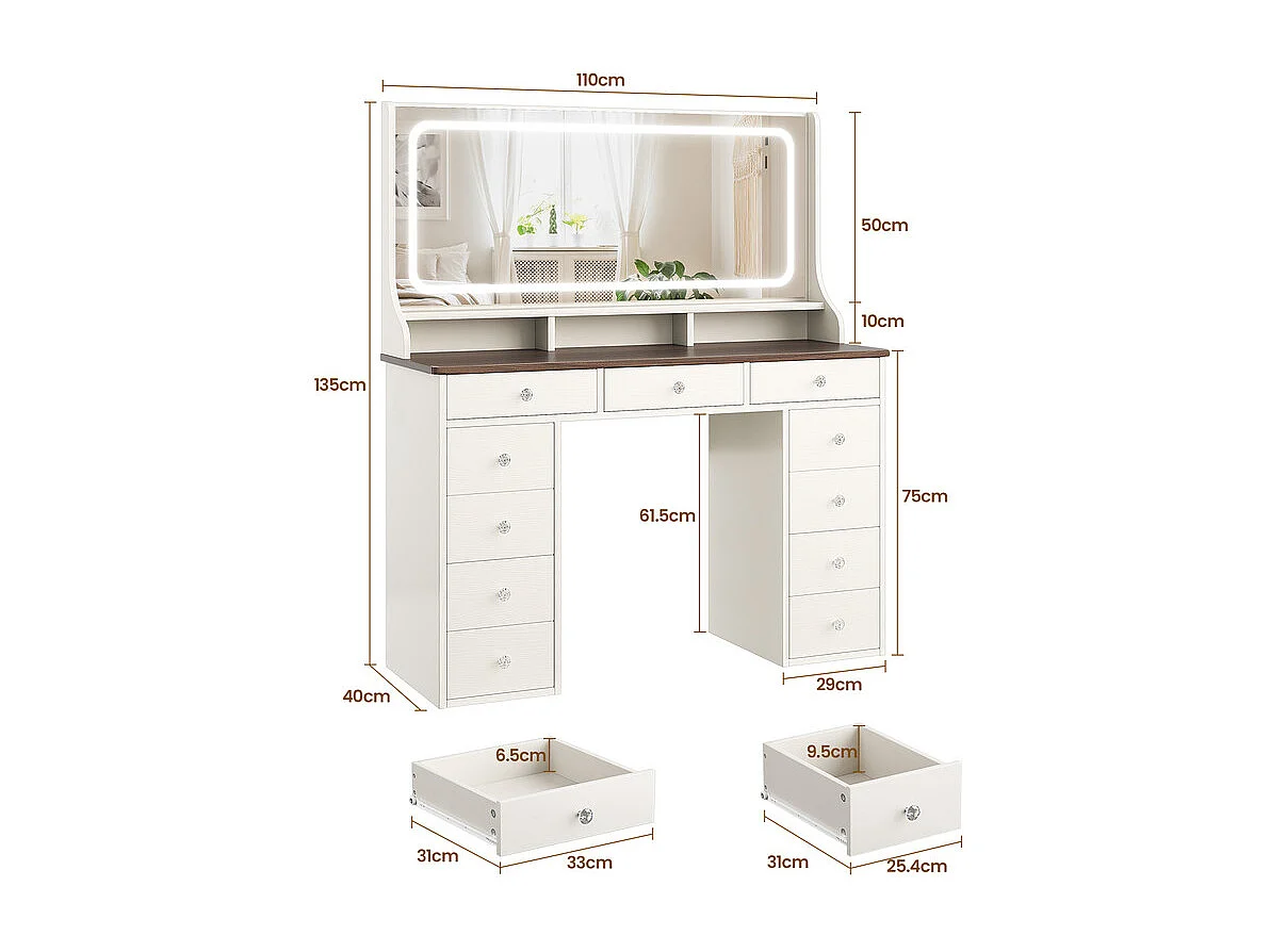 Coiffeuse avec grand miroir et éclairage LED, prise de Courant + USB, luminosité réglable, 11 Tiroirs, Marron Chocolat, 110x40x135cm