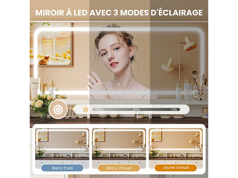 Coiffeuse avec grand miroir et éclairage LED, prise de Courant + USB, luminosité réglable, 11 Tiroirs, Marron Chocolat, 110x40x135cm