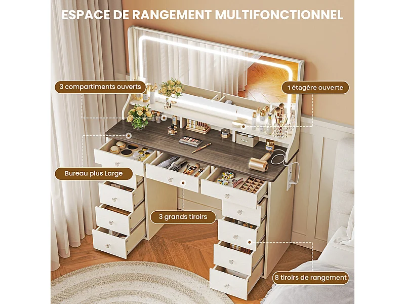 Coiffeuse avec grand miroir et éclairage LED, prise de Courant + USB, luminosité réglable, 11 Tiroirs, Marron Chocolat, 110x40x135cm