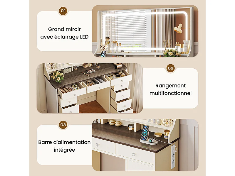 Coiffeuse avec grand miroir et éclairage LED, prise de Courant + USB, luminosité réglable, 11 Tiroirs, Marron Chocolat, 110x40x135cm