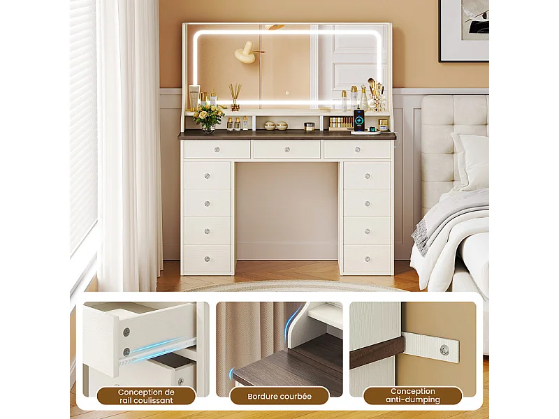 Coiffeuse avec grand miroir et éclairage LED, prise de Courant + USB, luminosité réglable, 11 Tiroirs, Marron Chocolat, 110x40x135cm