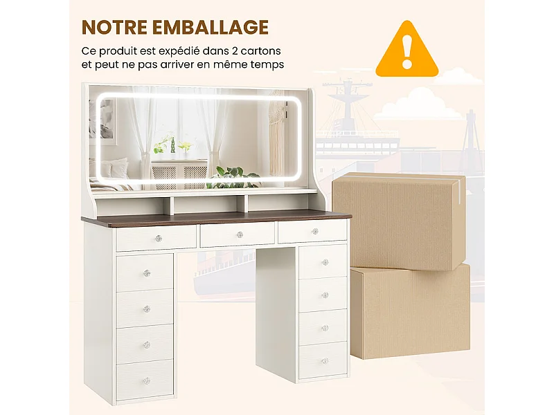 Coiffeuse avec grand miroir et éclairage LED, prise de Courant + USB, luminosité réglable, 11 Tiroirs, Marron Chocolat, 110x40x135cm