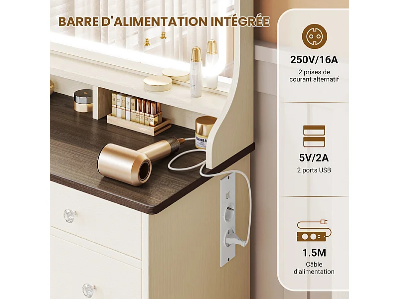 Coiffeuse avec grand miroir et éclairage LED, prise de Courant + USB, luminosité réglable, 11 Tiroirs, Marron Chocolat, 110x40x135cm