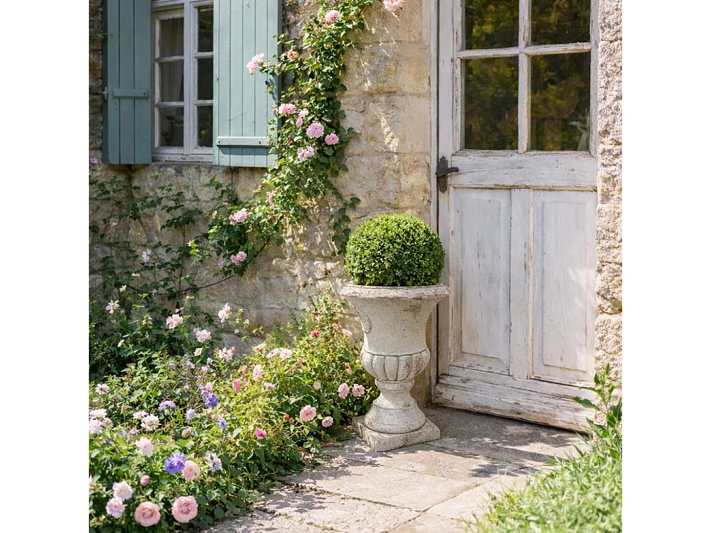 Vase médicis jardin vasque style pierre béton blanc motif vieilli 30cm