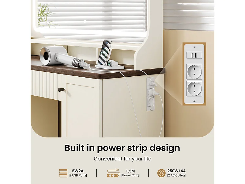 Penteadeira, Grande Espelho LED com Brilho Ajustável, 1 Gaveta e 2 Portas, 2 Tomadas AC e 2 Portas USB, Marrom Chocolate, 110x40x135cm