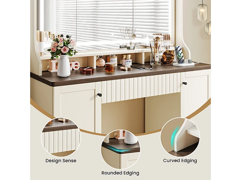 Penteadeira, Grande Espelho LED com Brilho Ajustável, 1 Gaveta e 2 Portas, 2 Tomadas AC e 2 Portas USB, Marrom Chocolate, 110x40x135cm