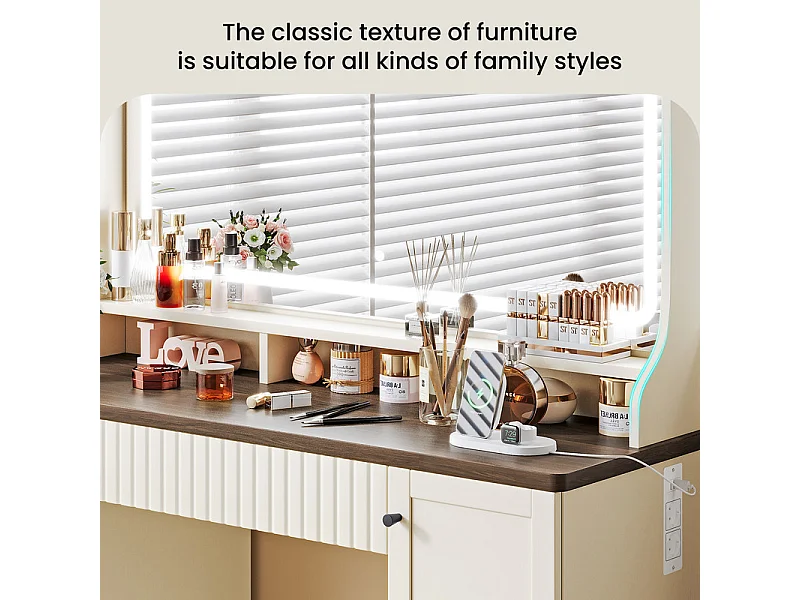 Penteadeira, Grande Espelho LED com Brilho Ajustável, 1 Gaveta e 2 Portas, 2 Tomadas AC e 2 Portas USB, Marrom Chocolate, 110x40x135cm