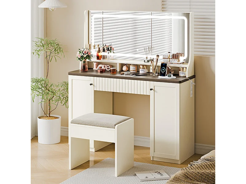 Penteadeira, Grande Espelho LED com Brilho Ajustável, 1 Gaveta e 2 Portas, 2 Tomadas AC e 2 Portas USB, Marrom Chocolate, 110x40x135cm