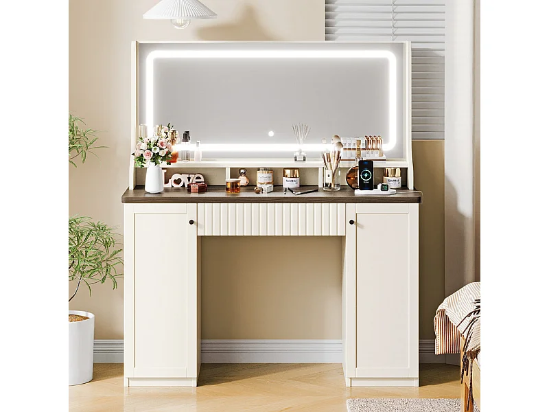 Kaptafel, Grote LED-spiegel met instelbare helderheid, 1 La en 2 Deuren, 2 AC-stopcontacten en 2 USB-poorten, Chocoladebruin, 110x40x135cm