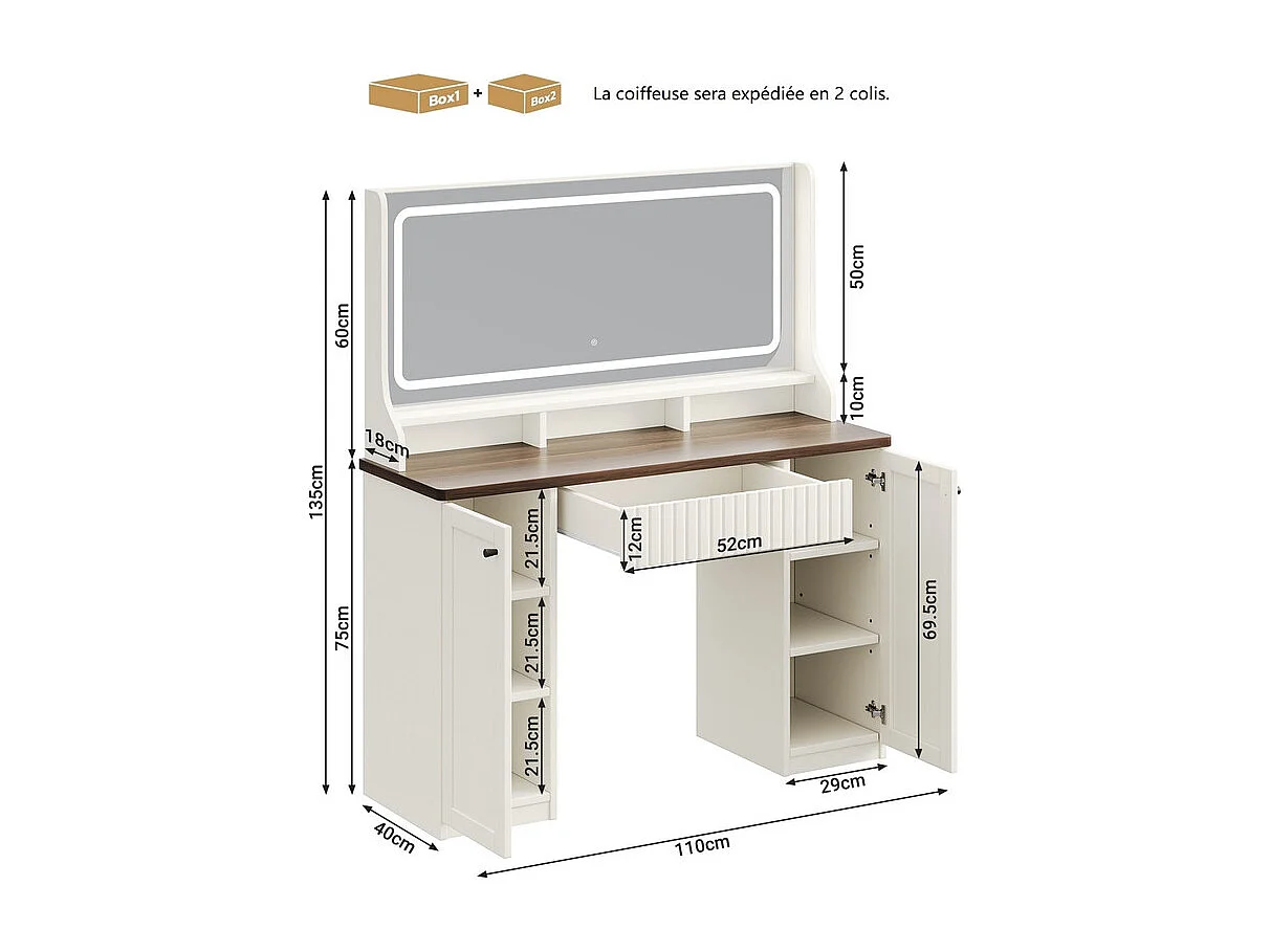 Kaptafel, Grote LED-spiegel met instelbare helderheid, 1 La en 2 Deuren, 2 AC-stopcontacten en 2 USB-poorten, Chocoladebruin, 110x40x135cm