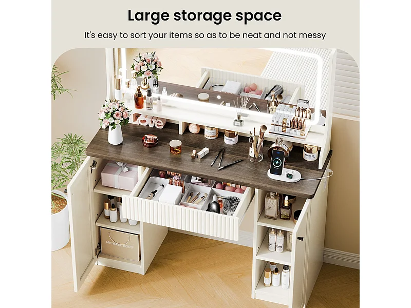 Kaptafel, Grote LED-spiegel met instelbare helderheid, 1 La en 2 Deuren, 2 AC-stopcontacten en 2 USB-poorten, Chocoladebruin, 110x40x135cm