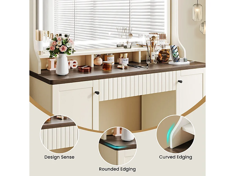 Kaptafel, Grote LED-spiegel met instelbare helderheid, 1 La en 2 Deuren, 2 AC-stopcontacten en 2 USB-poorten, Chocoladebruin, 110x40x135cm