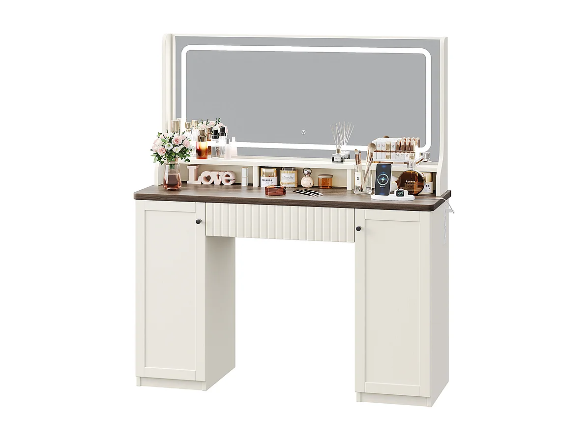 Kaptafel, Grote LED-spiegel met instelbare helderheid, 1 La en 2 Deuren, 2 AC-stopcontacten en 2 USB-poorten, Chocoladebruin, 110x40x135cm