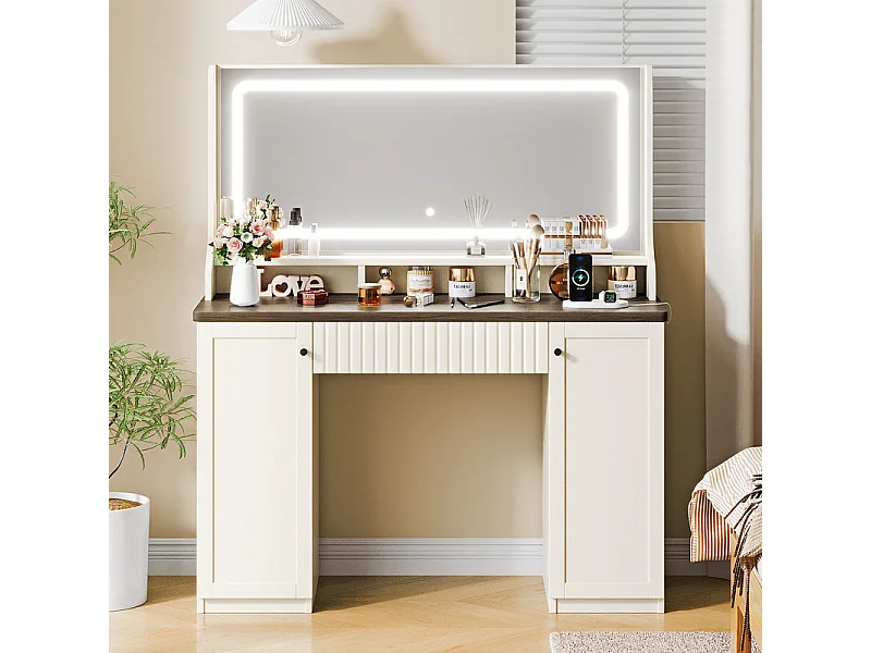 Penteadeira, Grande Espelho LED com Brilho Ajustável, 1 Gaveta e 2 Portas, 2 Tomadas AC e 2 Portas USB, Marrom Chocolate, 110x40x135cm