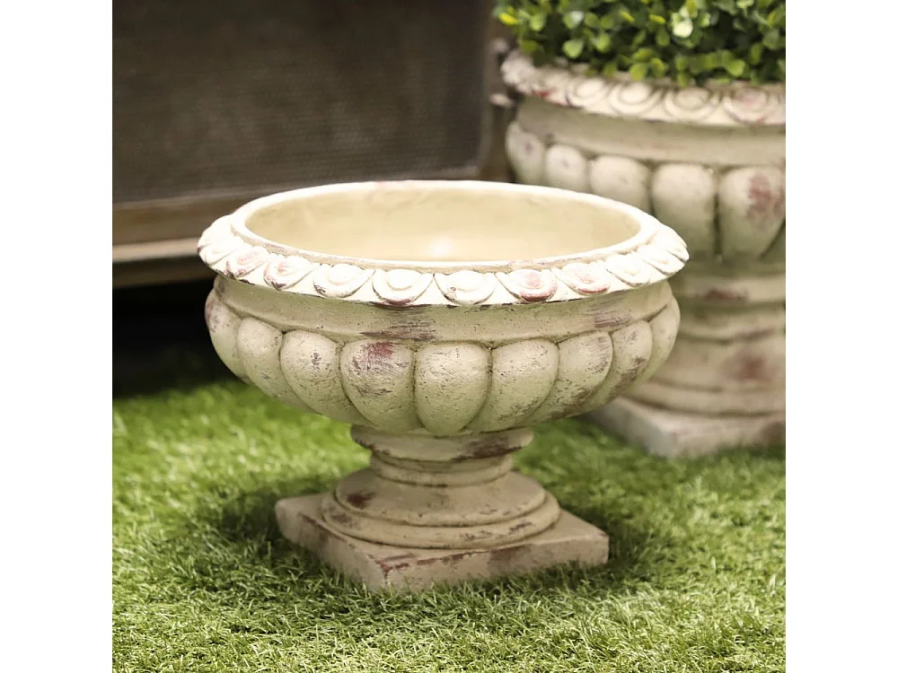 Vase médicis jardin vasque style pierre béton blanc motif vieilli 22cm