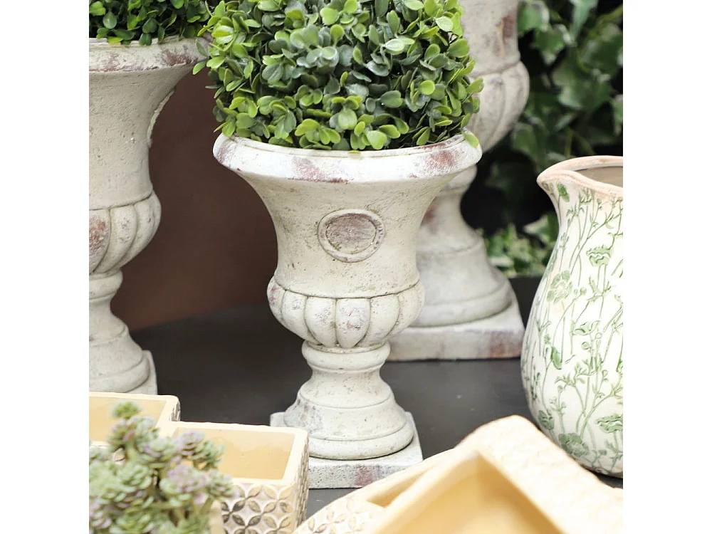 Vase médicis jardin vasque style pierre béton blanc motif vieilli 24cm