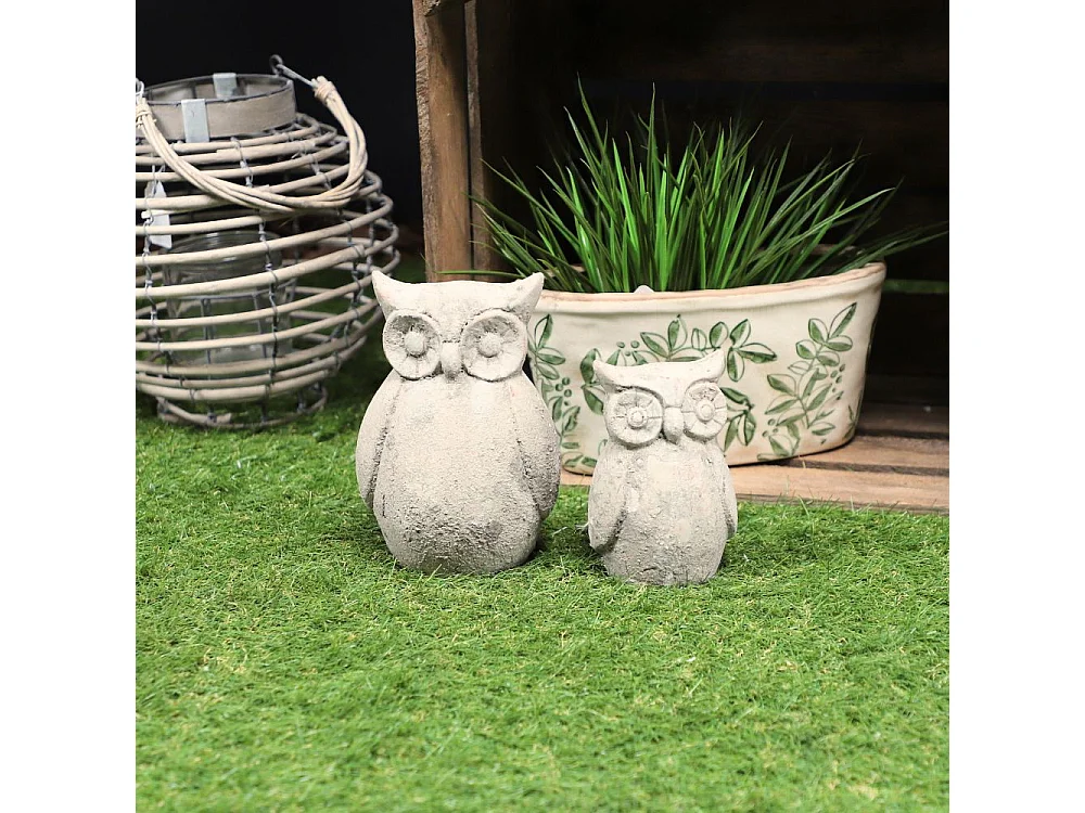 Statuette statue décorative jardin hibou ciment gris vieilli 19cm