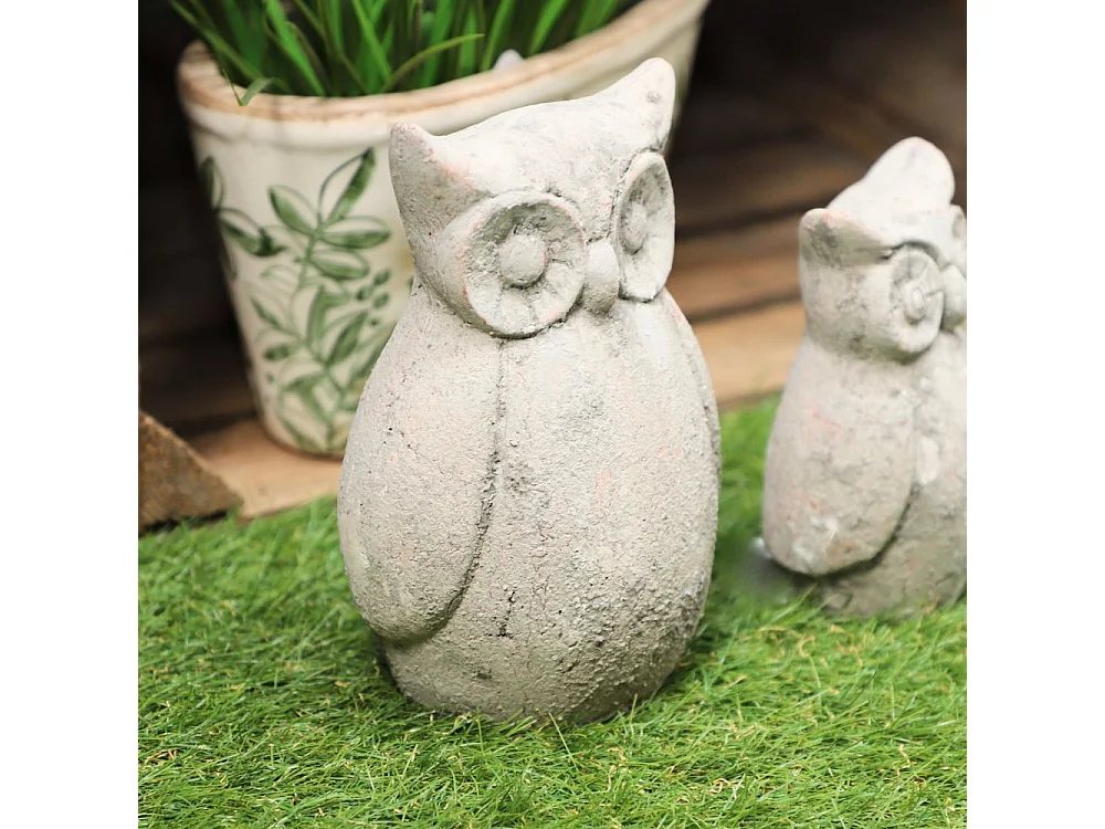 Statuette statue décorative jardin hibou ciment gris vieilli 19cm