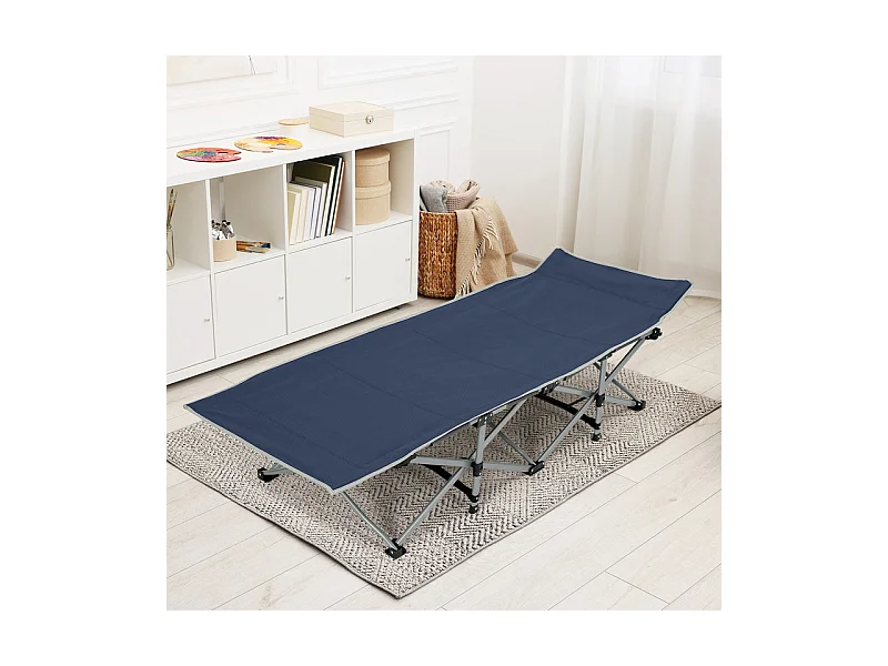 Lit de Camping Pliable en Toile Oxford à Double Couche, avec poche latérale et sac de transport, charge max 300kg, Bleu, 190x72x35cm