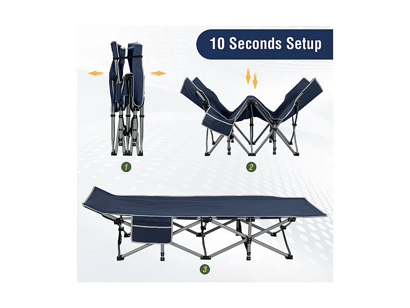 Lit de Camping Pliable en Toile Oxford à Double Couche, avec poche latérale et sac de transport, charge max 300kg, Bleu, 190x72x35cm