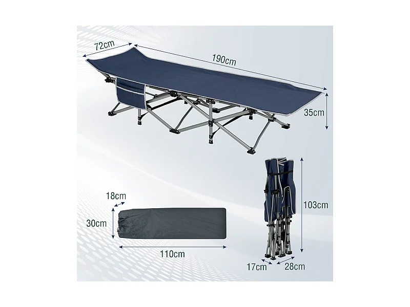 Lit de Camping Pliable en Toile Oxford à Double Couche, avec poche latérale et sac de transport, charge max 300kg, Bleu, 190x72x35cm