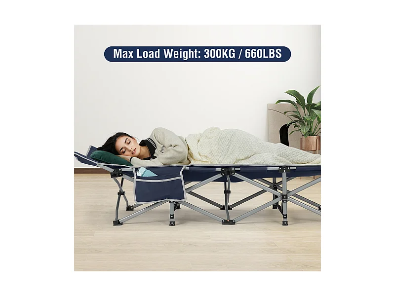 Lit de Camping Pliable en Toile Oxford à Double Couche, avec poche latérale et sac de transport, charge max 300kg, Bleu, 190x72x35cm