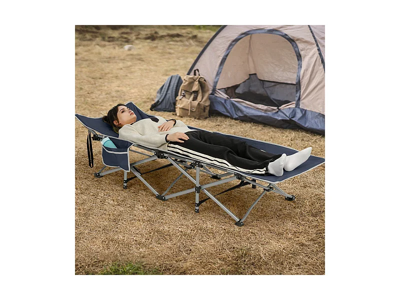 Lit de Camping Pliable en Toile Oxford à Double Couche, avec poche latérale et sac de transport, charge max 300kg, Bleu, 190x72x35cm